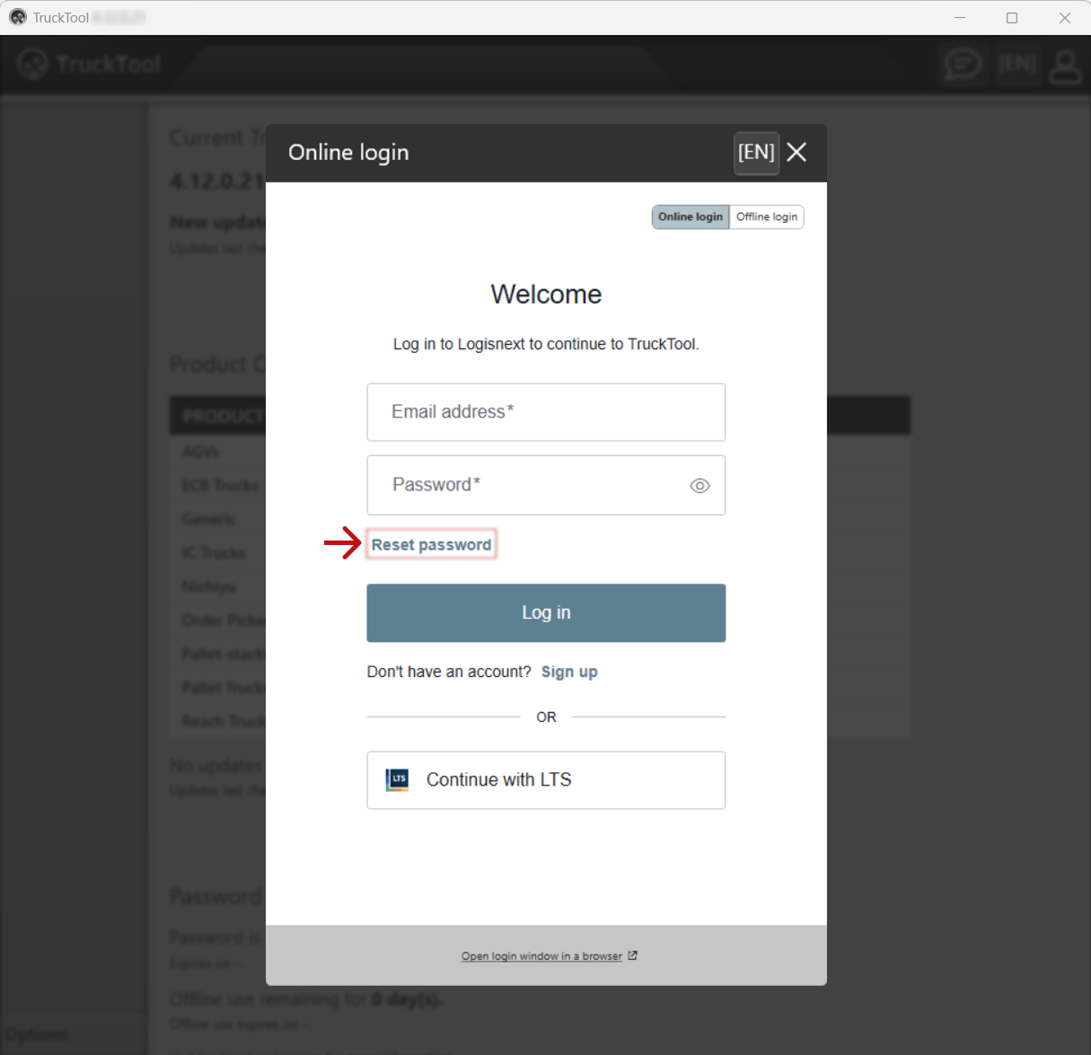 Login window with Reset password link highlighted