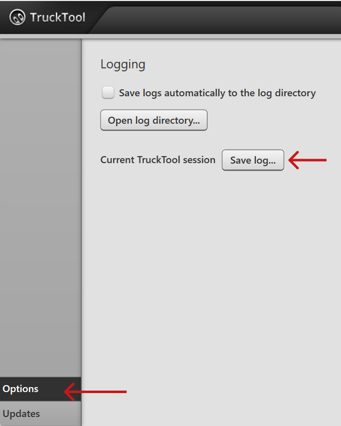 Options view and Save logs button highlighted
